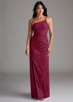 Azazie Eren Bridesmaid Dresses Burgundy Sheath One Shoulder Floral Burnout Dress image4