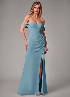 Azazie Haisley Bridesmaid Dresses Moody Blue Sheath Off the Shoulder Chiffon Convertible Dress image3