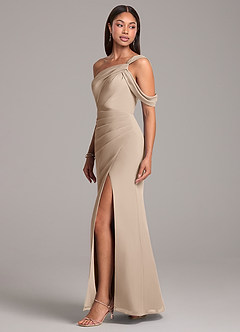 Azazie Wynter Bridesmaid Dresses Taupe Sheath Off the Shoulder Chiffon Dress image3