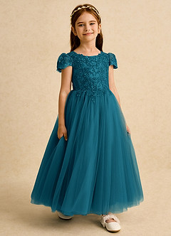 Azazie Puff Flower Girl Dresses Ink Blue Ball-Gown Lace Tulle Dress image6