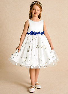 Azazie Starri Flower Girl Dresses Ivory Royal Blue Ball-Gown Beaded Matte Satin Dress image7