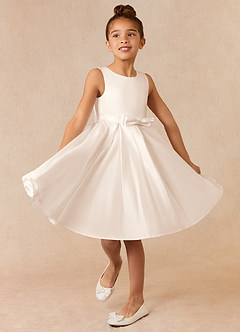Azazie Coco Flower Girl Dresses White Alabaster A-Line Bow Matte Satin Dress image1