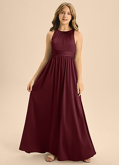 Azazie Jaylah Junior Abito A-Line in Raso Elasticizzato Plissettato Cabernet image4