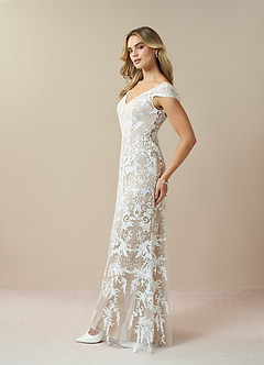 Azazie Devonna Wedding Dresses Diamond White Nude Sheath V-Neck Sequins Lace Dress image2