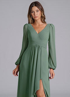 Azazie Liah Bridesmaid Dresses Eucalyptus A-Line Long Sleeve Chiffon Dress image6
