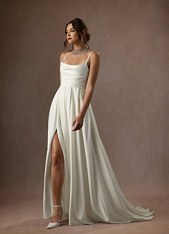 Azazie Caymus Wedding Dresses Cream A-Line Scoop Pleated Crepe Back Satin Dress image3