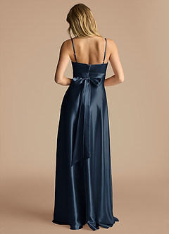 Azazie Oliana Bridesmaid Dresses Dark Navy A-Line Pleated Metallic Satin Dress image3