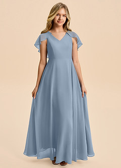 Azazie Katie Junior Dusty Blue A-Line Ruched Chiffon Dress image4