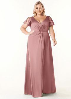 Azazie Soren Bridesmaid Dresses Dusty Rose A-Line Pleated Stretch Satin Dress image8