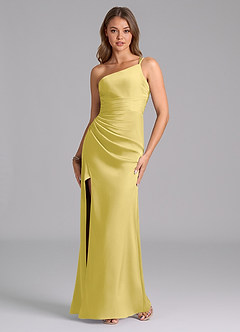 Azazie Eren Bridesmaid Dresses Canary Mermaid One Shoulder Stretch Satin Dress image5