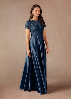 Azazie Adina vestidos de madre de la novia Vestido de Azul Marino Oscuro de Satén Metálico de Corte En A con Encaje image3
