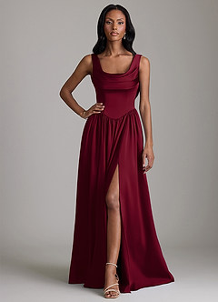 Azazie Novi Bridesmaid Dresses Burgundy A-Line with Pockets Stretch Satin Dress image1