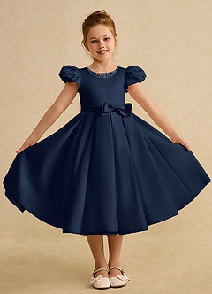 Azazie Pearl Flower Girl Dresses Dark Navy Ball-Gown Pleated Matte Satin Dress image4