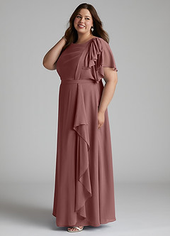 Azazie Aaliyah Bescheidene Brautjungfernkleider A-Linie Schaufel Gefaltet Chiffon Bodenlänge Kleid image7