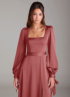 Azazie Leonia Robes de demoiselle d'honneur Robe Trapèze en Satin extensible Manche longue Antique Rose image6