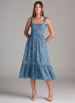 Azazie Alissa Bridesmaid Dresses Steel Blue A-Line with Pockets Floral Burnout Dress image3