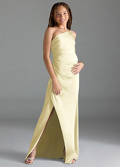 Azazie Eren Junior Lemon Sorbet Sheath Pleated Stretch Satin Dress image3