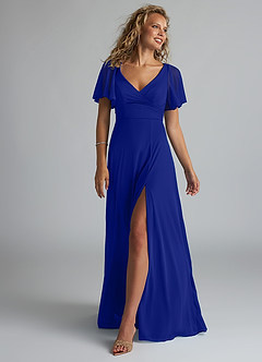 Azazie Induh Bridesmaid Dresses Royal Blue A-Line Flutter V-neck Mesh Dress image1