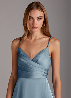 Azazie Calissa Bridesmaid Dresses Dusty Blue A-Line V-Neck Pleated Stretch Satin Dress image5