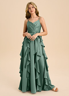 Azazie Peyton Junior Eucalyptus A-Line Pleated Stretch Satin Dress image4