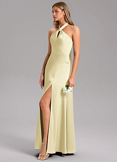 Azazie Tracie Robes de demoiselle d'honneur Robe Trapèze en Satin extensible Fente Latérale Sorbet Citron image6