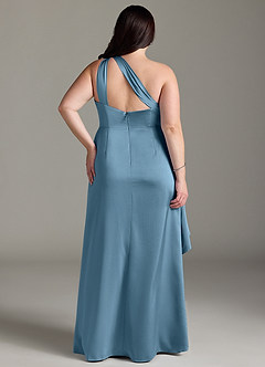 Azazie Maive Final Sale Steel Blue Sheath Ruched Stretch Satin Dress image7