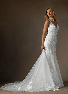 Azazie Diva Wedding Dresses Diamond White Mermaid V-Neck Sequins Tulle Dress image4