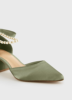 front Matching Color Matte Satin Pearl and Bow Pointed Toe Block Heels