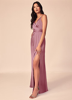 Azazie Aqua Bridesmaid Dresses Vintage Mauve A-Line V-Neck Pleated Stretch Satin Dress image5
