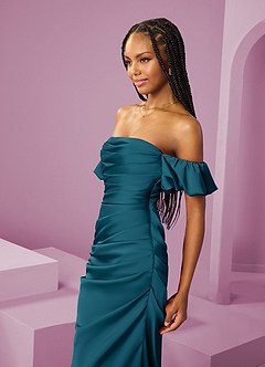 Barbie ♥ Azazie Jurken voor bruidsmeisjes Converteerbaar Jurk van Stretch Satijn met Kolom Off the Shoulder Inkt Blauw image6