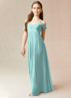 Azazie Kaitlynn Junior Robe Trapèze en Mousseline de soie Épaule décolletée Aqua image5