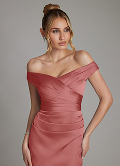 Azazie Teyana Bridesmaid Dresses Antique Rose Sheath Off the Shoulder Stretch Satin Dress image2