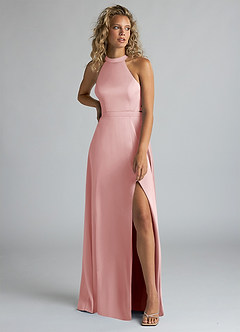 Azazie Clarice Bridesmaid Dresses Powder Pink A-Line High Neck Stretch Satin Dress image5