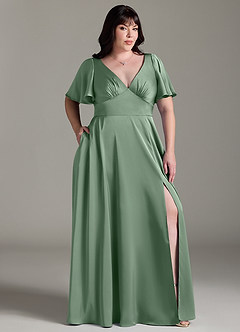 Azazie Kimber Bridesmaid Dresses Matcha A-Line Ruched Stretch Satin Dress image9