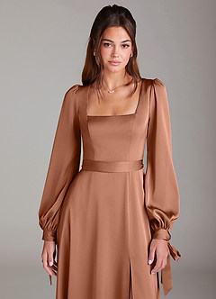 Azazie Leonia Bridesmaid Dresses Bronzer A-Line Long Sleeve Stretch Satin Dress image6