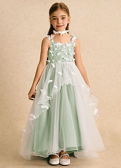 Azazie Darlina Flower Girl Dresses Ivory Dusty Sage Ball-Gown Lace Tulle Dress image4