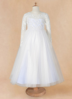 Azazie Elodie Flower Girl Dresses Ivory Lavender Ball-Gown Lace Dress image10
