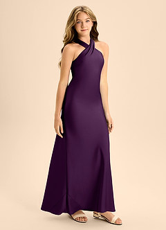 Azazie Doretta Junior Grape A-Line Pleated Stretch Satin Dress image6