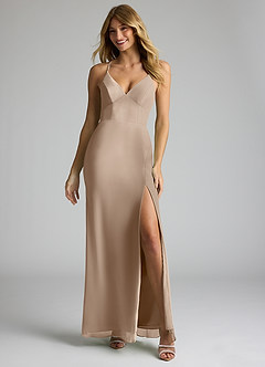 Azazie Becca Bridesmaid Dresses Taupe Sheath V-Neck Chiffon Dress image3