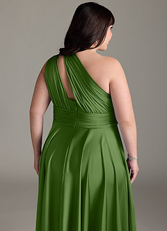 Azazie Charlize Robes de demoiselle d'honneur Robe Trapèze en Satin extensible Une épaule Basilic image16