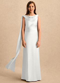 Azazie Sanah Girls Formal Robe Demoiselle D'honneur Fillette Robe Trapèze en Satin extensible Plissée Blanc image4