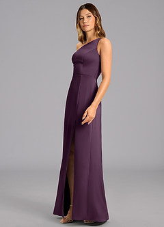 Azazie Phaedra Bridesmaid Dresses Plum A-Line One Shoulder Stretch Satin Dress image5