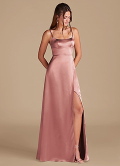 Azazie Halsey Vestidos de damas de honor Vestido de Rosa Polvorienta de Satén Metálico de Corte en A con Corte Lateral image1