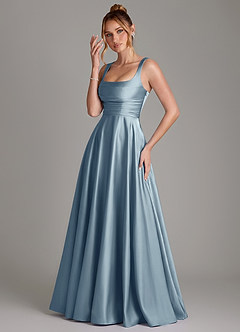 Azazie Azaria Vestidos de madrinha de casamento Vestido Azul Empoeirado de Cetim elástico de Linha A com Corpete image3
