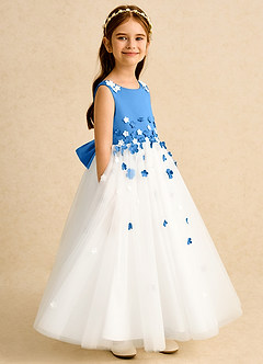 Azazie Eleni Blumenmädchenkleider Ballkleid Schleifen Tüll Kleid Elfenbein Blauhäher image3