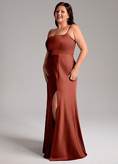 Azazie Lidia Bridesmaid Dresses Terracotta Mermaid Side Slit Stretch Satin Dress image11