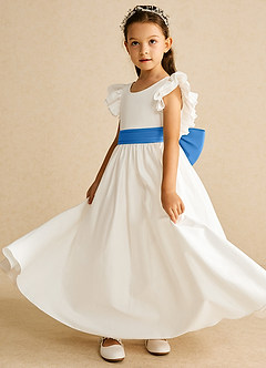 Azazie Aero Robe Demoiselle D'honneur Fillette Robe Trapèze en Coton Plissée Ivoire Geai Bleu image2