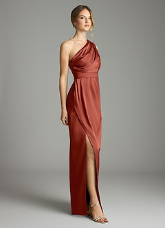 Azazie Emorie Bridesmaid Dresses Terracotta Sheath One Shoulder Stretch Satin Dress image4