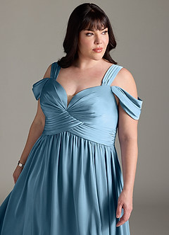 Azazie Lianne Vestidos de damas de honor Vestido de Azul Acero de Satén Elástico de Corte en A con Vestidos sin tirantes image14