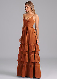 Azazie Nathalia Bridesmaid Dresses Cinnamon A-Line Pleated Stretch Satin Dress image4